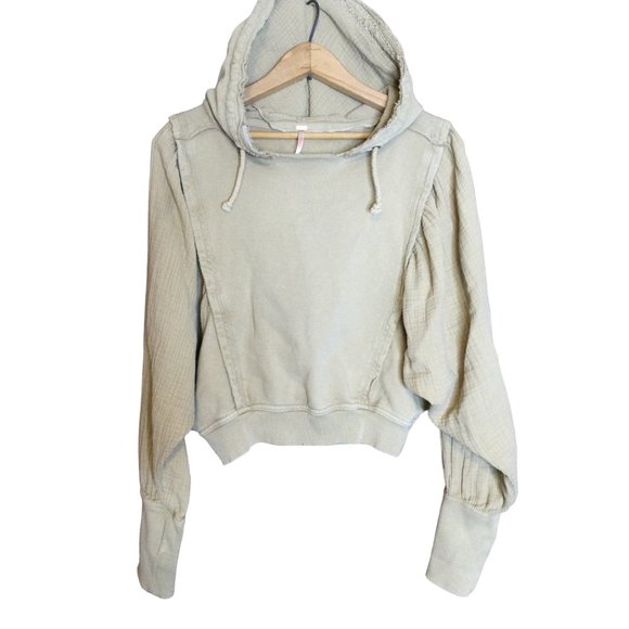 Free People Love Letter Hoodie Cropped Knit Top Sweatshirt Pullover Tan SZ S - Picture 2 of 7